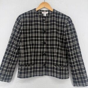 Talbots Black White Plaid Wool Blazer Jacket Women Sz 12 Collarless Button Front